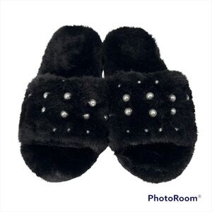Pudus Black Pearl Slide Faux Fur Black Slippers Medium 7-8 Comfy Warm